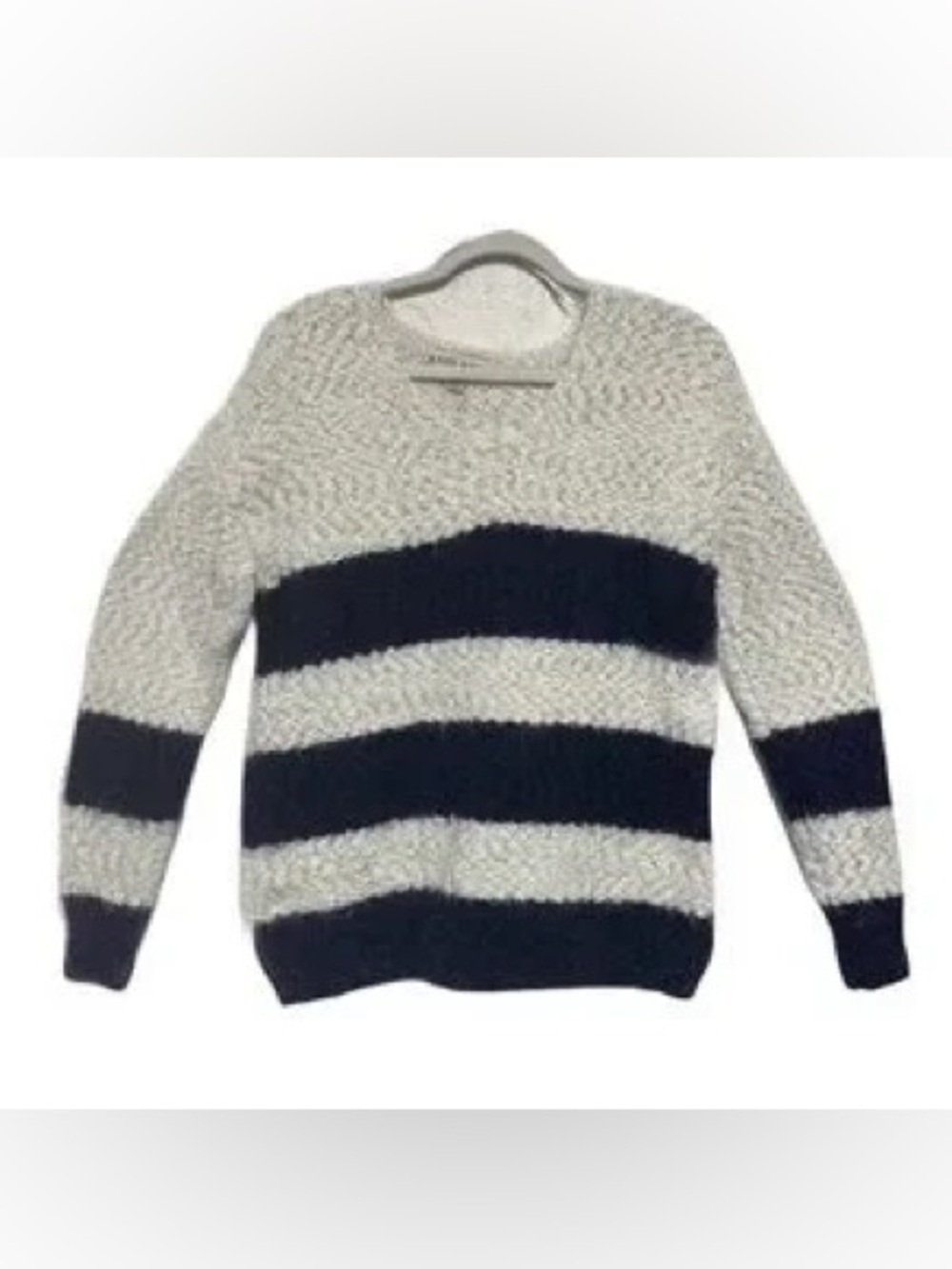Knox Rose V-Neck Knit Fuzzy Sweater Navy White Striped